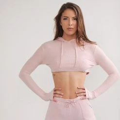 Cameeli Pink Ribbed Longsleeve Crop Hoodie