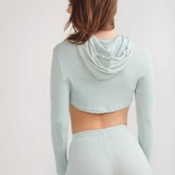 Cameeli Green Ribbed Longsleeve Crop Hoodie